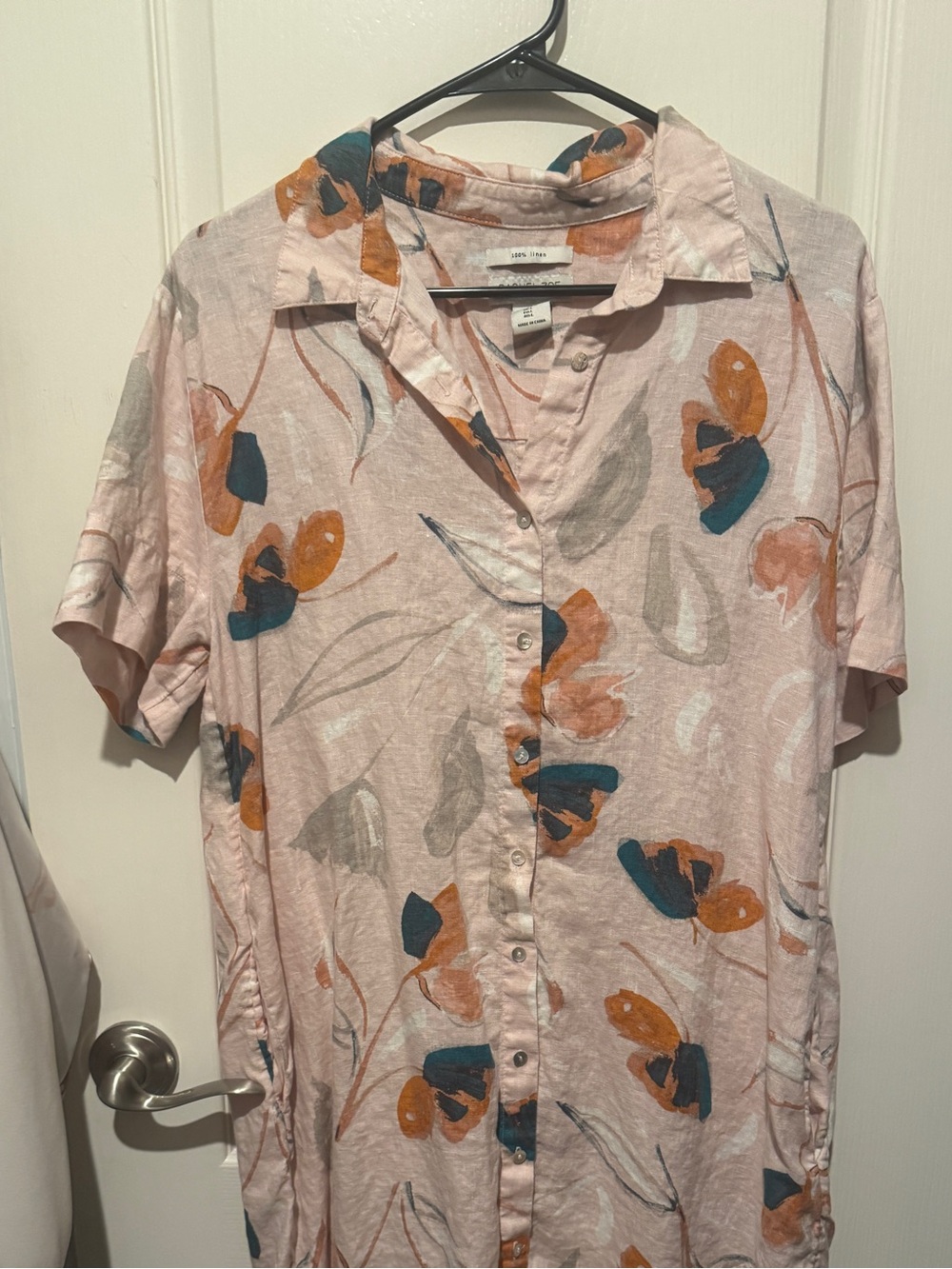 Rachel Zoe Pink Short-Sleeve Button-Down Dress with Teal & Orange Floral Print
